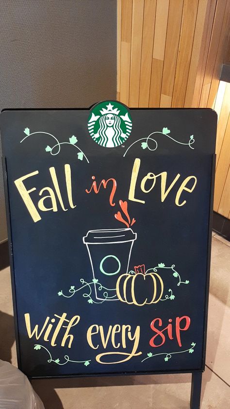 Autumn Coffee Chalkboard, Fall Coffee Sign Ideas, Starbucks Fall Board, Fall Menu Board Ideas, Fall Cafe Chalkboard, Starbucks Boards Ideas, Fall Decor Restaurant, Fall Coffee Board Ideas, Fall Coffee Board