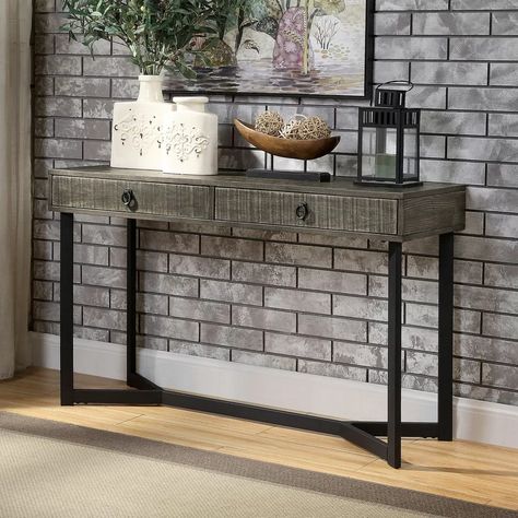 Foundry Select Leota 53" Solid Wood Console Table | Wayfair Iv Drip Bar, Entry Way Tables, Rustic Sofa Table, Industrial Sofa Table, Brown Living Room Furniture, Farmhouse Chic Decor, Entry Console Table, Wood Sofa Table, Industrial Sofa