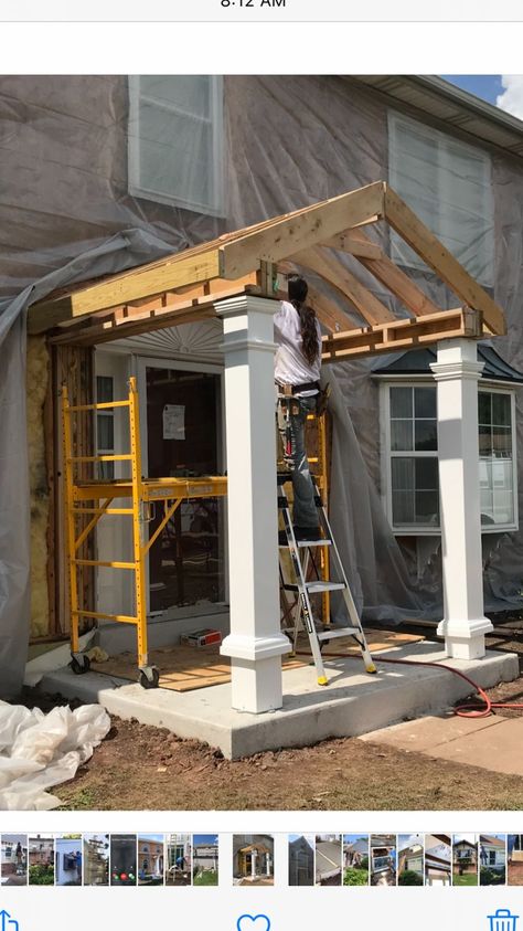 El Dorado Stone & Standing Seam Metal Roof on a custom built portico. Metal Portico, Metal Porch Roof, Standing Seam Metal Roof Porch, Adding A Portico To A Ranch House, Standing Seam Metal Roof Colors, Copper Standing Seam Roof, Porch Kits, Home Remodeling Contractors, Standing Seam Metal Roof