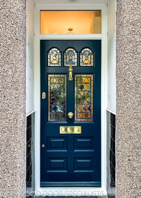 Midnight blue Victorian front door Dark Blue Doors Front Entrance, Victorian Front Door Colours, Midnight Blue Front Door, Edwardian Front Door, Dark Blue Front Door, Apartment Front Door, Front Door Colours, Moorish Revival Architecture, Safety Doors