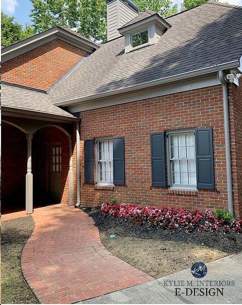 Charcoal Shutters, Shutters Brick House, Orange Brick Houses, Navy Blue Paint Colors, Red Brick House Exterior, Kylie M Interiors, Red Brick Exteriors, Shutter Colors, House Colour