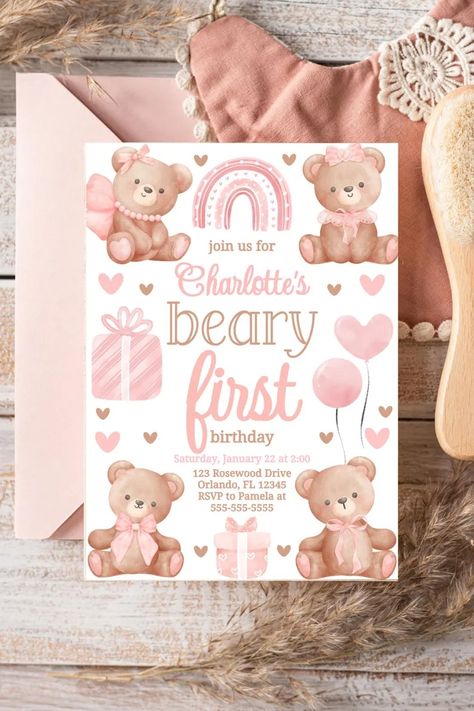 Beary First Birthday Invite Girl Teddy Bear Birthday Invitation Template 1st Birthday Girl Beary First Invitation Coquette First BT1 - Etsy Teddy Bear 1st Birthday Girl, Bear 1st Birthday Party Girl, Beary First Birthday Girl, First Birthday Bear Theme, Bear First Birthday Party, Birthday Digital Invitations, Teddy Bear Birthday Invitations, Birthday Themes For Girls, Beary First Birthday