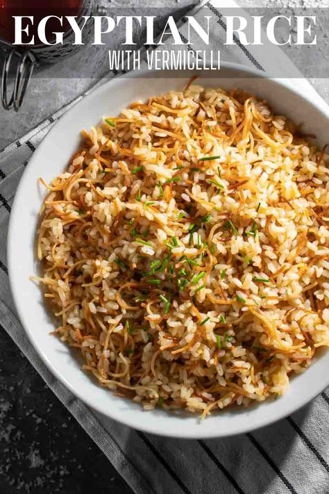 Egyptian rice in a white bowl with two cups of tea in glass mugs. International Rice Dishes, Rice Dish Recipes, Roasted Vermicelli Recipes, Lebanese Rice With Vermicelli, Short Grain Rice Recipes, Egyptian Rice Recipes, Vermicelli Recipes Easy, Rice Vermicelli Recipes, Almond Rice Recipe