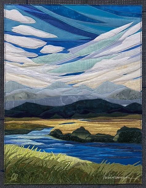 How To Make A Landscape Quilt, Patchwork Landscape Quilts, Quilted Pictures, Quilted Landscapes Wall Hangings, Fabric Art Collage Landscape Quilts, Seascape Quilts, Textile Landscapes Fabrics, Painted Landscapes, Crumb Quilts