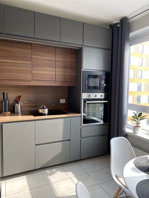 Modern Grey Wood Kitchen, Grey Furniture Kitchen, Grey With Wood Kitchen, Grey Kitchen With Wood Cabinets, Kitchen Design Grey And Wood, Kitchen Interior Grey And Wood, Kitchen Cabinets Grey And Wood, Modern Kitchen Design Grey And Wood, Minimalistic Modern Kitchen