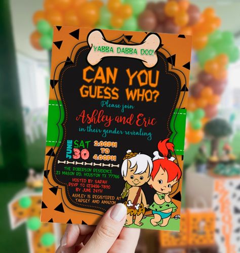 The Flintstones gender reveal, gender reveal, Pebbles Invitation, Flintstones Invitation, gender reveal, Bam Bam, digital, printable, orange, green Gender Reveal Cartoon Themes, Flintstones Gender Reveal, Pebbles And Bam Bam, Gender Reveal Invitations Template, Gender Reveal Party Theme, Yabba Dabba Doo, The Flintstones, Gender Reveals, Baby Care Tips