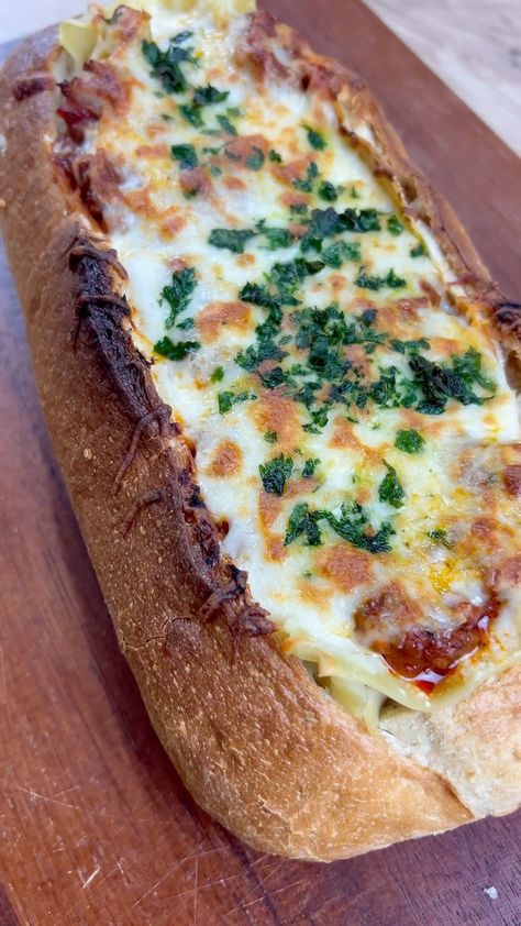 cookinwithmegg on Instagram: Lasagna…in a bread bowl? Count me in. Lasagna In French Bread, Garlic Bread Lasagna Sandwich, Lasagna Bread Bowl Recipe, Lasagna Stuffed French Bread, Lasagna Bread Bowls, Bread Lasagna Recipes, Lasagna In Bread Loaf, Lasagna Bowl Recipe, Lasagna Bread Boat