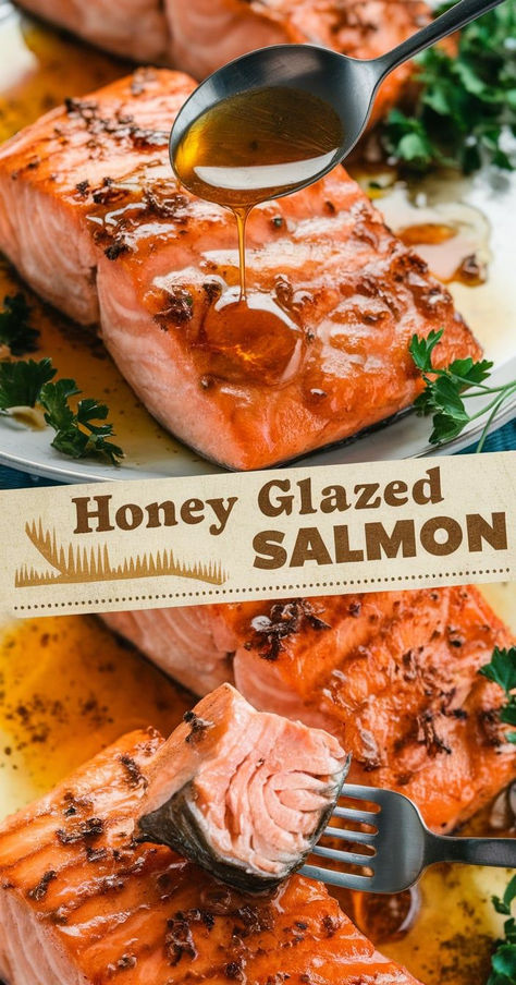 Easy Honey Glazed Salmon – A Dinner Delight!  Whip up this easy honey glazed salmon in under 30 minutes! With its sticky glaze and tender, flaky texture, this dish is sure to become a family favorite. Rum Glazed Salmon, Salmon Recipes Honey Glazed, Salmon Glaze Recipes Honey, Sweet Glazed Salmon, Honey Glazed Salmon Baked In Oven, Glazed Salmon Recipes Baked, Salmon Glaze Recipes Easy, Simple Salmon Recipes Baked, Salmon Honey Glaze