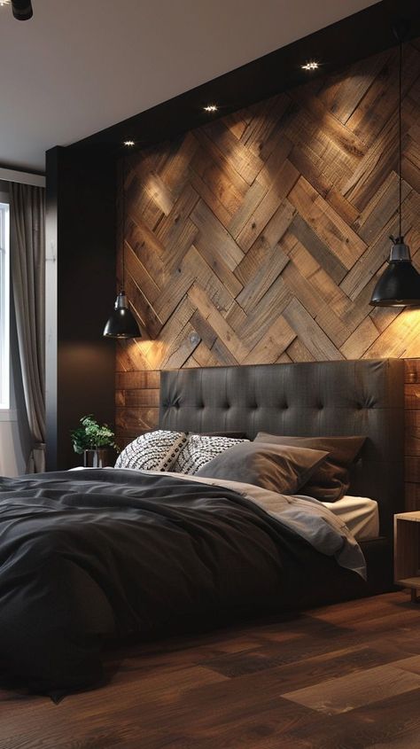 Industrial Luxury Bedroom, Grey Bedroom Color Schemes, Trending Bedroom Ideas 2024, Young Man Bedroom Ideas, Pallet Wall Bedroom, Wood Accent Wall Bedroom, Masculine Bedroom Design, Male Bedroom Ideas, Modern Rustic Bedrooms