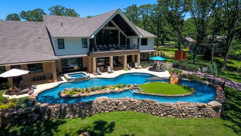 Pools With Lazy River Backyards, Lazy River Pool Backyard, Pool With Lazy River, Barndominium Homes, Backyard Lazy River, Pool Kings, River Pool, Lazy River Pool, Lake Texoma