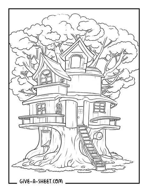 Treehouse Coloring Page, Tree House Coloring Pages, Tree House Drawing, Printable Tree, Types Of Trees, Tree Coloring, Colour Therapy, House Colouring Pages, Tree Coloring Page