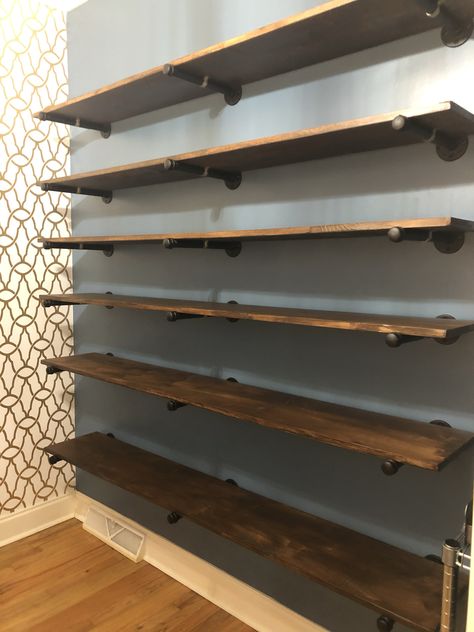 Industrial Shelving Pantry, Industrial Wall Shelving, Iron Rod Shelves, Floating Shelves Clothes, Pipe Pantry Shelves, Shelves With Pipes Industrial Style, Industrial Pantry Shelves, Iron Pipe Closet Ideas, Black Iron Pipe Shelves