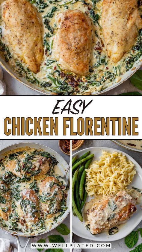 Tender chicken breasts cooked in a garlicky spinach cream sauce, this chicken Florentine recipe is an Italian classic that's easy to make at home! Easy Chicken Florentine Recipe, Chicken Florentine Crockpot, Spinach Chicken Recipes, Easy Chicken Florentine, Spinach Florentine, Italian Baked Chicken Breast, Chicken Broccoli Ziti, Chicken Spinach Recipes, Chicken Florentine Recipe