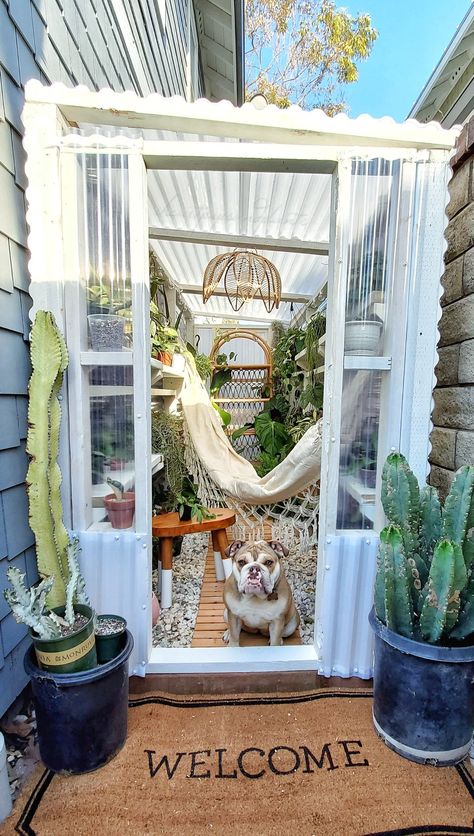 Greenhouse She shed She Shed Garden Greenhouse, She Shed With Greenhouse Attached, She Shed Plant Room, Sunroom Shed, Witch She Shed, She Shed Garden, Back Porch Greenhouse, Easy She Shed Diy, Wood Projects Garden