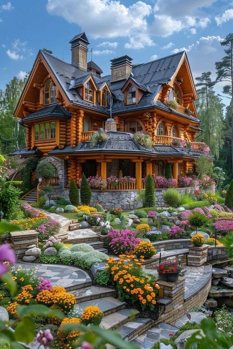 Log Cabins Exterior, Log Cabin Mansions, Log Cabin House Plans, Cabin Mansion, Cedar House, Fairytale Houses, Fantasy Houses, Big Porch, Log Cabin Floor Plans