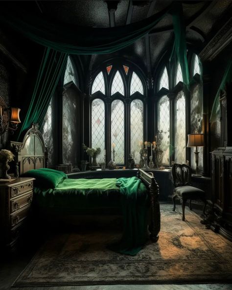 Slytherin Bedroom, Hogwarts Dorm, Hogwarts Bedroom, Dark Academia Bedroom Ideas, Slytherin Room, Bedroom Aesthetic Dark, Hogwarts Room, Dark Academia Bedroom, Slytherin Common Room