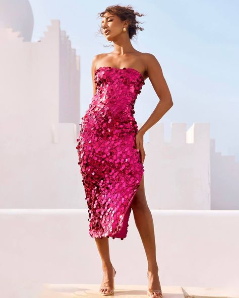 Don’t Chase The Moment. Create It ❤Stay Cute Midi Dress Hot Pink #sageandpaige Magenta Sequin Dress, Pink Sequin Dress Outfit, 21 Shades Of Pink Party, Disco Attire, Bright Dresses, Sequin Dress Outfit, Moms 60th, Red Dress Day, Strapless Sequin Dress