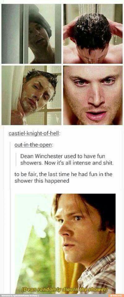 Dean + Showers! Supernatural Subtitles, Sammy Supernatural, Film Memes, Funny Supernatural, Supernatural Episodes, John Barrowman, Sam Dean, Winchester Boys, Supernatural Memes