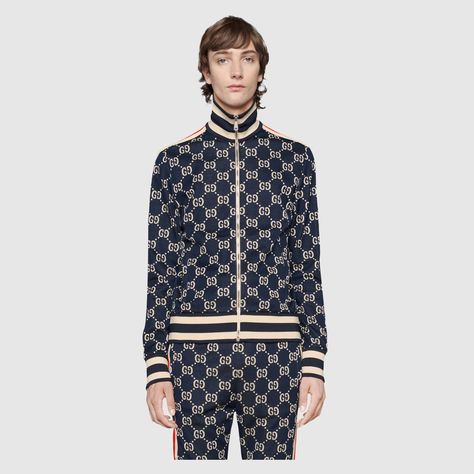 GG jacquard cotton jacket - Gucci Men's Sweatshirts 496919X9V054245 Rhombus Design, Designer Sweatshirts, Tracksuit Jacket, Luxury Style, Zipper Jacket, Blue Ivory, Cotton Jacket, Casual Backpack, Jogging