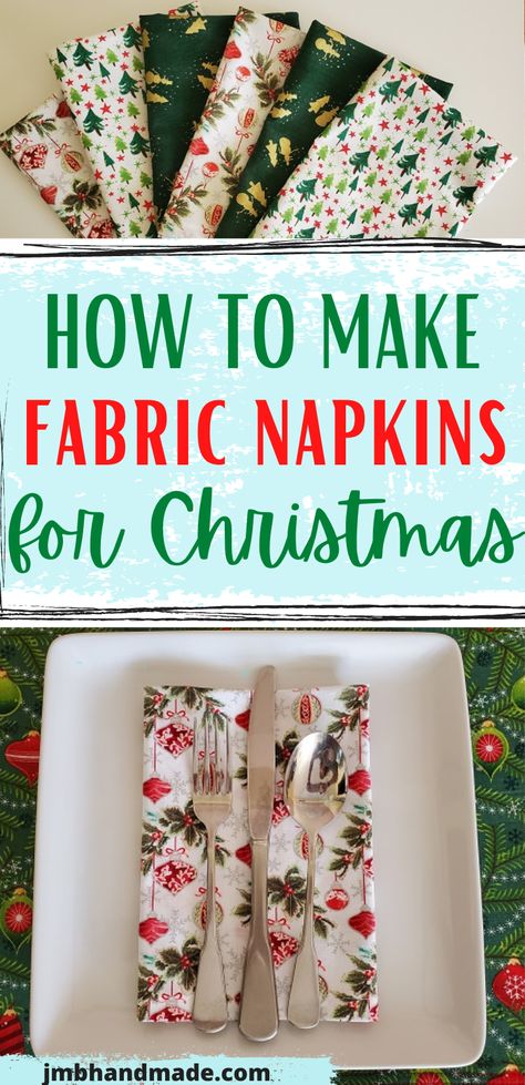 Sew some fabric napkins to dress up your table this Christmas. Quick and easy sewing project so you can make more than one at a time. Perfect sewing pattern to use to make fabric napkins for any occasion. Make Napkins Sewing Projects, Making Napkins Sewing Projects, How To Sew Table Napkins, Napkin Sewing Ideas, Christmas Table Sewing Projects, Sewing Patterns Free Christmas, Fabric Napkins Diy How To Make, Cloth Napkin Sewing Pattern, Crafts With Christmas Fabric