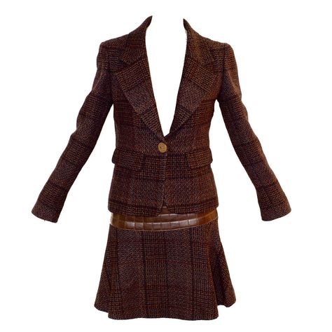 Chanel Jacket and Skirt Ensemble with Crocodile-Stamped Leather Detail | From a collection of rare vintage suits, outfits and ensembles at https://www.1stdibs.com/fashion/clothing/suits-outfits-ensembles/ Vintage Designer Aesthetic Fashion, Vintage Designer Aesthetic, Collage Idea, Chic Closet, Suits Outfits, Designer Aesthetic, Stamped Leather, Chanel Jacket, Vintage Suits