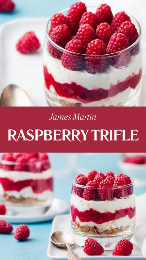 James Martin Raspberry Trifle Layered Deserts, Tart Raspberry, Tiramisu Trifle, Raspberry Trifle, James Martin Recipes, Raspberry Compote, Cake Tart, Trifle Desserts, Raspberry Sauce