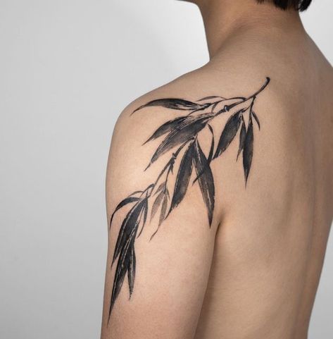 Black Tattoos Shoulder, Solid Black Leaf Tattoo, Plant Patchwork Tattoo, Bamboo Leaves Tattoo, Plant Tattoo Shoulder, Botanical Shoulder Tattoo, Plant Shoulder Tattoo, Leaf Back Tattoo, Seaweed Tattoo