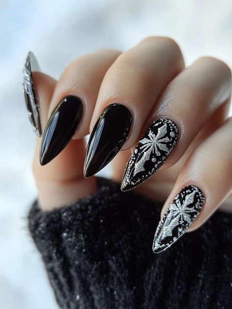 Dazzle in darkness this holiday season with 23 enchanting black Christmas nail art ideas. These edgy yet festive creations offer a fresh take on winter beauty. Explore a range of innovative techniques and embellishments that will transform your nails into wearable art, perfect for showcasing your unique style at every yuletide gathering. Christmas Dark Nails, Gothic Winter Nails, Black Winter Nails Designs, Goth Winter Nails, Edgy Christmas Nails, Dark Christmas Nails, Goth Christmas Nails, Black Christmas Nail Designs, Black Christmas Nails