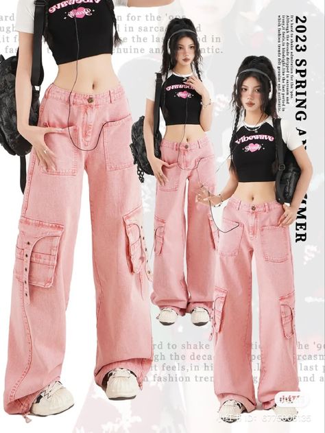 Pink Combat Outfit, Streetwear Fashion Pink, Flower Style Root Outfits, Pink Acubi Fashion, Pink Jeans Outfit Aesthetic, Black And Pink Clothes, Cute Kpop Outfits, Pink And Denim Outfit, Pink Streetwear Outfit