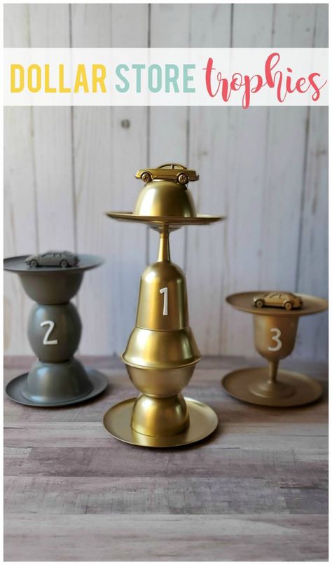 Dollar store trophies add a little fun to any competition!  They are easy and inexpensive to make and versatile for any activity you host. Friends Retreat, Homemade Trophies, Funny Trophies, Diy Trophy, Trophy Ideas, Skipping Stones, Glue Craft, Bike Rally, Award Ideas