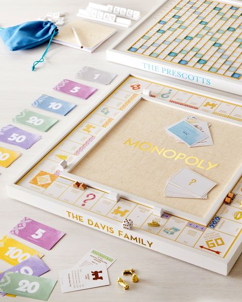 Upgrade game night with a coffee table-worthy edition of your favorite board games, make it even more special personalized with your family name 🤍 #boardgame #monopoly #scrabble Aesthetic Board Games, Diy Monopoly Board, Board Games Aesthetic, Board Game Project, Diy Board Games, Host Ideas, Board Game Art, Custom Board Games, Girly Office