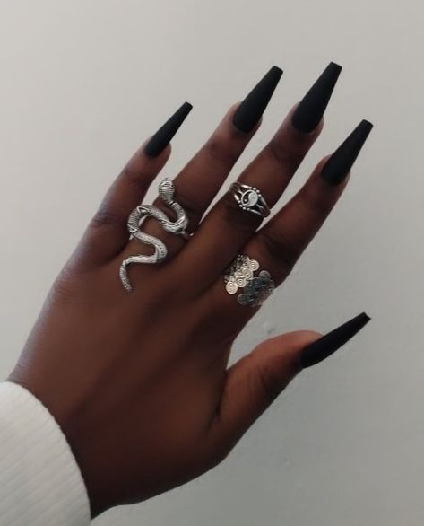 • Shein Long Black Gel Nails, Black Nail Designs Coffin Art Ideas, Basic Baddie Nails Black, Matte Black Coffin Acrylic Nails, Black Coffin Acrylics, Black Nails On Black Woman, Xl Ballerina Nails, Sylvia Core, Coffin Halloween Nails