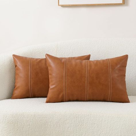 PRICES MAY VARY. Faux Leather Modern design pillow covers. Simply fill these with your pillow inserts to update the look of your room! 100% durable vegan faux leather. One side is hand stitching patchwork. Classy invisible zipper closure in bottom. Seams are double stitched and serged. Easy care. These covers can be cared in wipe clean with a damp cloth, you don't have to frequently remove and fill. Please Note - Pillow inserts are not included. Actual color may vary, due to monitors displaying Leather Home Decor, Bed Sofa Living Room, Coffee Cozy Pattern, Throw Pillow Diy, Cafe Window, Rectangle Cushion, Leather Throw Pillows, Farmhouse Boho, Small Boho