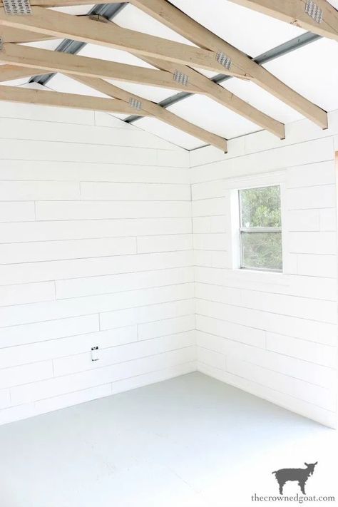 Painted Floor, Trusses, and a Shed Update - The Crowned Goat Cottage - The Crowned Goat Painted Trusses, Garden Shed Ceiling Ideas, Painted Shed Interior, Paint Shed Floor, Shed Flooring, Shed Drywall, Shed Flooring Ideas, She Shed Ceiling Ideas, Cheap Tongue And Groove Ceiling