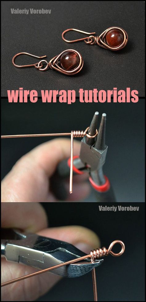 Wire wrapped jewelry. Jewelry making basics. How to Make Wire Wrapped earrings. Step by step wire wrap tutorial. To make earrings, we need a bead with a hole in stone and a 1 mm (18 га) thick copper wire. You can replace the copper wire with another wire. Usually I use long pieces of wire. You can always cut off excess wire at the end of the job. Wire Wrap Tutorial, Wire Wrap Earrings, Wrap Tutorial, Wire Wrapped Stone Jewelry, Wire Wrap Jewelry Designs, Earrings Bead, Wire Wrapped Jewelry Diy, Wire Jewelry Making, Wire Wrapped Jewelry Tutorials