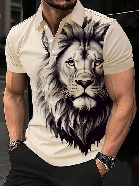 Polo Shirt Collar, Business Dress Shirts, Summer Golf, Men Casual Summer, Lion Print, Fabric Animals, Black Men Fashion, Khaki Color, Golf Shirt