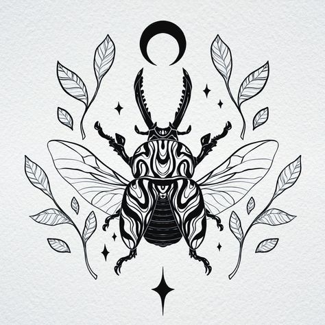 Trippy swirly beetle tattoo lineart design with little leaves around it Stag Beetle Tattoo Design, Bug Tattoo Flash Sheet, Flying Beetle Tattoo, Stag Beetle Illustration, Atlas Beetle Tattoo, Cute Beetle Tattoo, Cool Insect Tattoos, Stag Beetle Art, Horned Beetle Tattoo