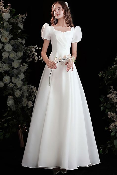 10% off now|Buy pretty white aline long satin wedding party dress with bubble sleeves at wholesale price online. Free shipping and pro custom service since 2009. Delicate Gown, Civil Wedding Dresses, Modest Dresses Casual, Wedding Party Dress, White Gowns, Satin Prom Dress, Modest Wedding Dresses, Satin Wedding, Dream Wedding Dresses