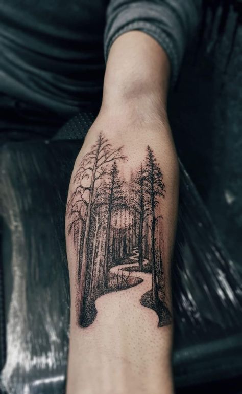 Dark Path Tattoo, Forest Trail Tattoo, Pathway Tattoo Ideas, Trail Runner Tattoo, Into The Woods Tattoo, Forest Floor Tattoo Sleeve, Forest Path Tattoo, Country Road Tattoo, Trail Running Tattoo Ideas