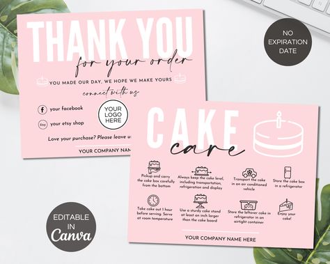 "Cake Care Card Template, Cake Business Thank You Cards, Cake Business Packaging Inserts, Editable Canva Template, Cake Care Guide. This Editable Cake Care Card Canva Template is perfect for your cakes. You can fully customize it at Canva, adding your images, text, logo, editing font, background, colors etc. The template has not expiration date and you can access, edit, save and download it how many times you want. 👉 LISTING INCLUDES ⭐️ Cake Care Card Template 5.5\"x4.25\" ⭐️ Instructions Guide Thank You Card Cake Business, Cake Thank You Card, Bakery Thank You Note, Thank You Card For Cake Business, Thank You Card Packaging Design, Cake Small Business, Baking Business Cards Ideas, Cake Instructions Card, Dessert Business Cards