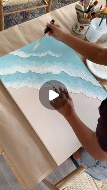 Wave Tutorial Painting, Textured Waves Painting, Simple Ocean Painting, Beach Wave Painting, Beach Waves Painting, How To Paint Waves, Surf Art Painting, Diy Resin Wall Art, Paint Ocean