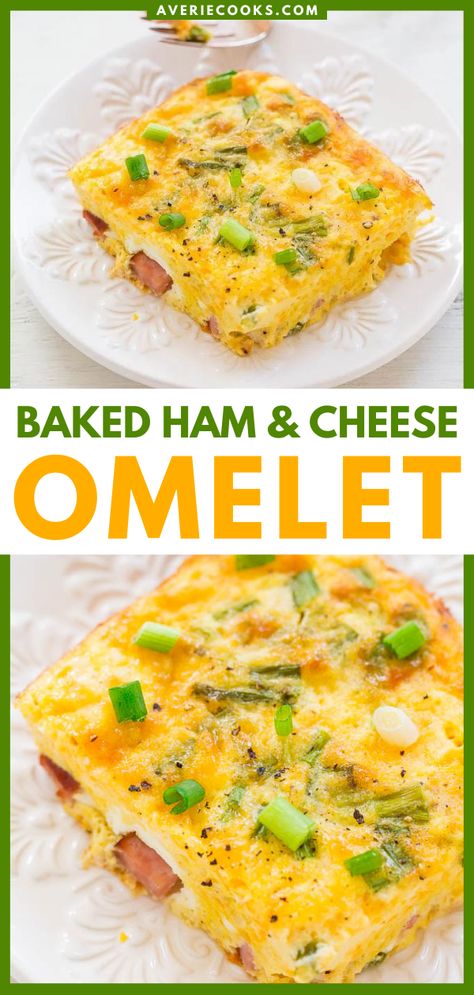 Baked Ham and Cheese Omelet - Averie Cooks Ham And Cheese Omelette Bake, Omelette Recipe Easy Ham And Cheese, Ham And Cheese Omelette Easy, Ham And Egg Casserole, Ham And Cheese Omelette, Baked Omelet, Omelette Recipe Easy, Cheese Omelet, Leftover Recipes