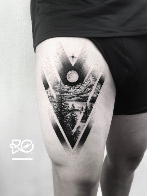 Tattoo Puntillismo, Tattoo Stockholm, Upper Leg Tattoos, Geometric Mountain Tattoo, Thigh Tattoo Men, Simple Forearm Tattoos, Forearm Band Tattoos, Hiking Tattoo, Watch Tattoos