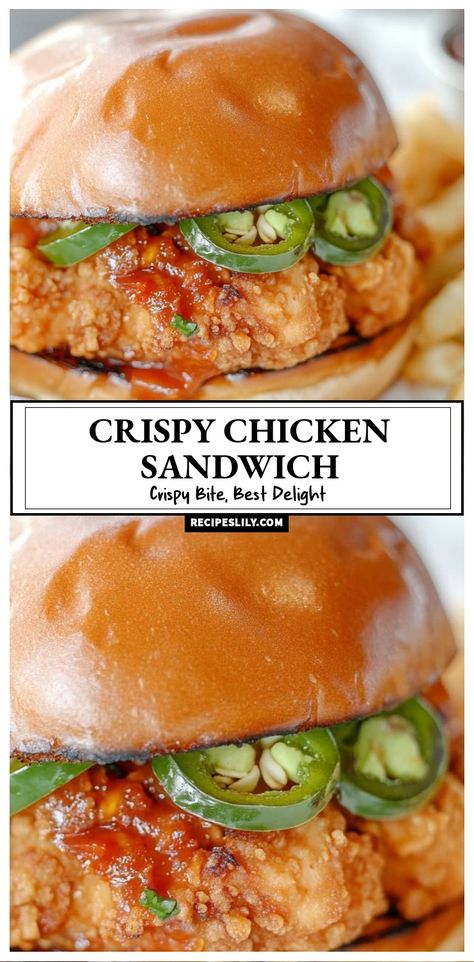 Get ready to indulge in this Crispy Chicken Sandwich that's bursting with flavor! With a perfectly crispy coating, spicy jalapeños, and a tangy sauce, this sandwich is sure to be your new favorite. Perfect for lunch or dinner, it's a crispy bite that brings the best delight! Spicy Chicken Sandwich, Crispy Chicken Sandwich, Chicken Hamburger, Chicken Sandwich Recipe, Crispy Chicken Sandwiches, Spicy Chicken Sandwiches, Potato Rolls, Nashville Hot Chicken, Buttermilk Chicken