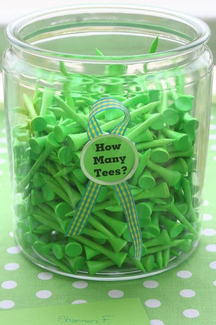 Guess how many golf tees; winner gets a round of golf or bucket of range balls. Golf Outing Ideas, Mini Golf Party, Golf Centerpieces, Golf Themed Party, Masters Party, Golf Baby Showers, Golf Tournament Ideas, Golf Fundraiser, Golf Theme Party