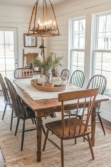 "Add a touch of country charm to your dining room with Rustic Farmhouse Decor! 🍽️🌾 A great way to create a space that feels both inviting and elegant. 🌿✨ #FarmhouseDecor #DiningRoomIdeas #RusticStyle" Antique Farmhouse Kitchen Table, English Country Cottage Dining Room, Western Farmhouse Dining Room, Simple Farmhouse Dining Room, French Country Farmhouse Dining Room, Cottage Farmhouse Dining Room, Rustic Kitchen Table Decor, Small Dining Room Ideas Decor, Ranch Style Dining Room