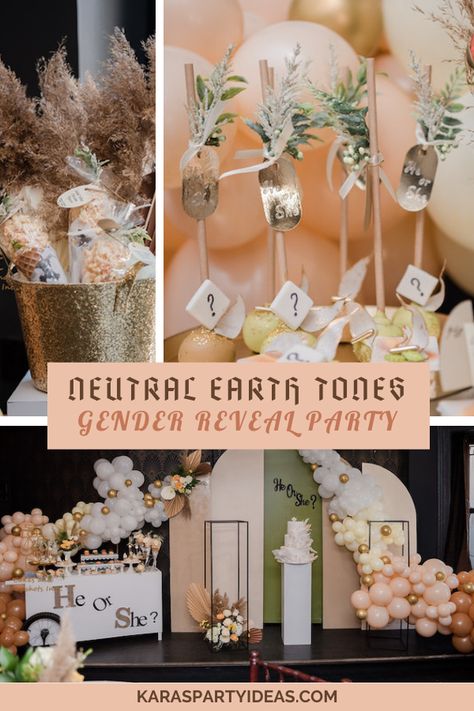 Neutral Earth Tones Gender Reveal Party via Kara's Party Ideas - KarasPartyIdeas.com Boujee Gender Reveal Party, Gender Reveal Ideas For Decoration, Neutral Gender Reveal Decorations, Gender Neutral Reveal Party, Gender Reveal Color Schemes, Neutral Gender Reveal Party Decorations, Décoration Gender Reveal, Earth Tone Baby Shower Ideas, Rustic Gender Reveal Party