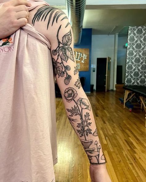 Traditional Botanical Tattoo Sleeve, Plant Themed Tattoo Sleeve, Patch Work Floral Sleeve Tattoo, Gender Neutral Tattoo Sleeve, Floral Patch Work Sleeve Tattoo, Woodland Theme Tattoo Sleeve, Mismatched Sleeve Tattoo, Nature Themed Sleeve Tattoo Patchwork, Tattoo Sleeve Collage