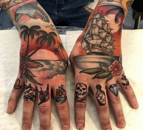 Traditional Tattoo Pirate, Pirate Tattoo Traditional, Traditional Hand Tattoo, Tattoo Sleeve Filler, Neo Tattoo, Tattoos Traditional, Pirate Tattoo, Knuckle Tattoos, Full Sleeve Tattoo Design