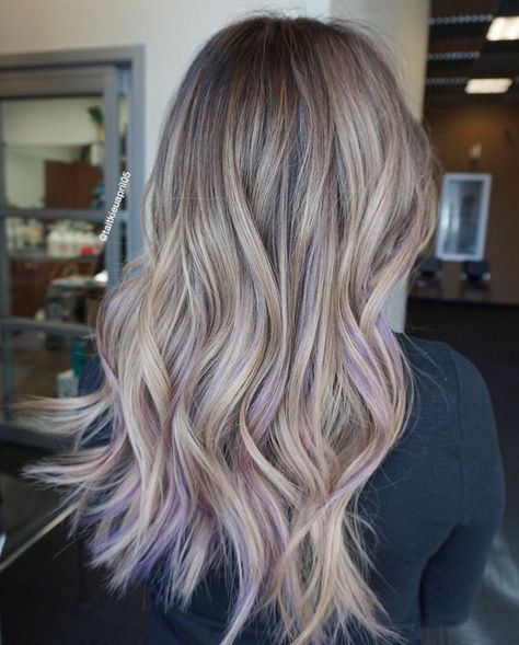 Purple Hair For Pale Skin, Balayage With Purple Highlights, Ash Blonde With Purple Peekaboo, Blonde Hair With Blue And Purple, Subtle Blue Highlights In Blonde Hair, Light Purple Hair Balayage, Light Brown Hair With Blonde And Purple Highlights, Hint Of Color Hair, Blonde Fun Hair Color